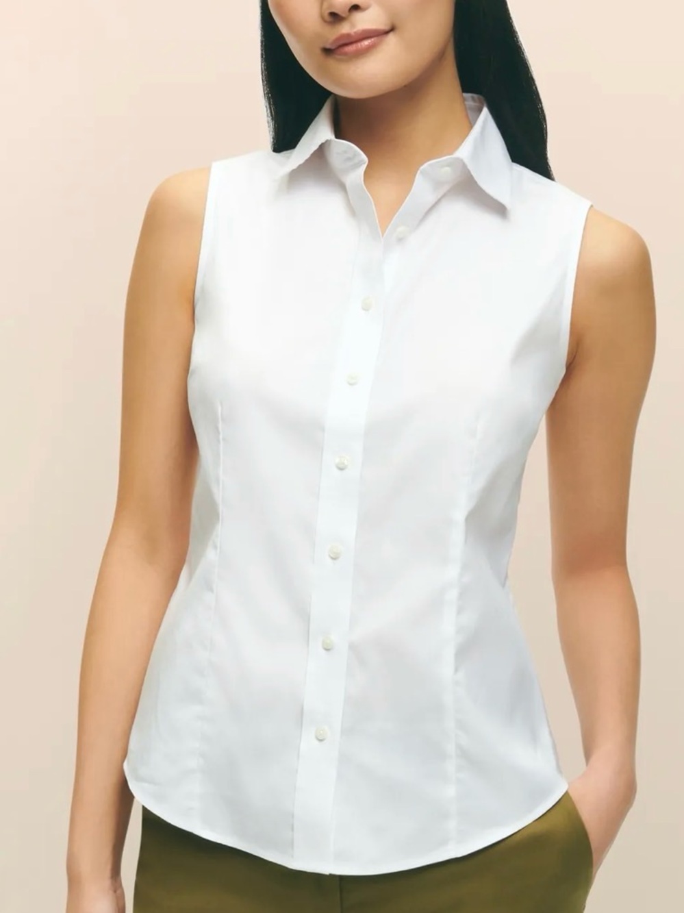 Brooks Brothers White Fitted Non-Iron Stretch Cotton Sleeveless Dress Shirt